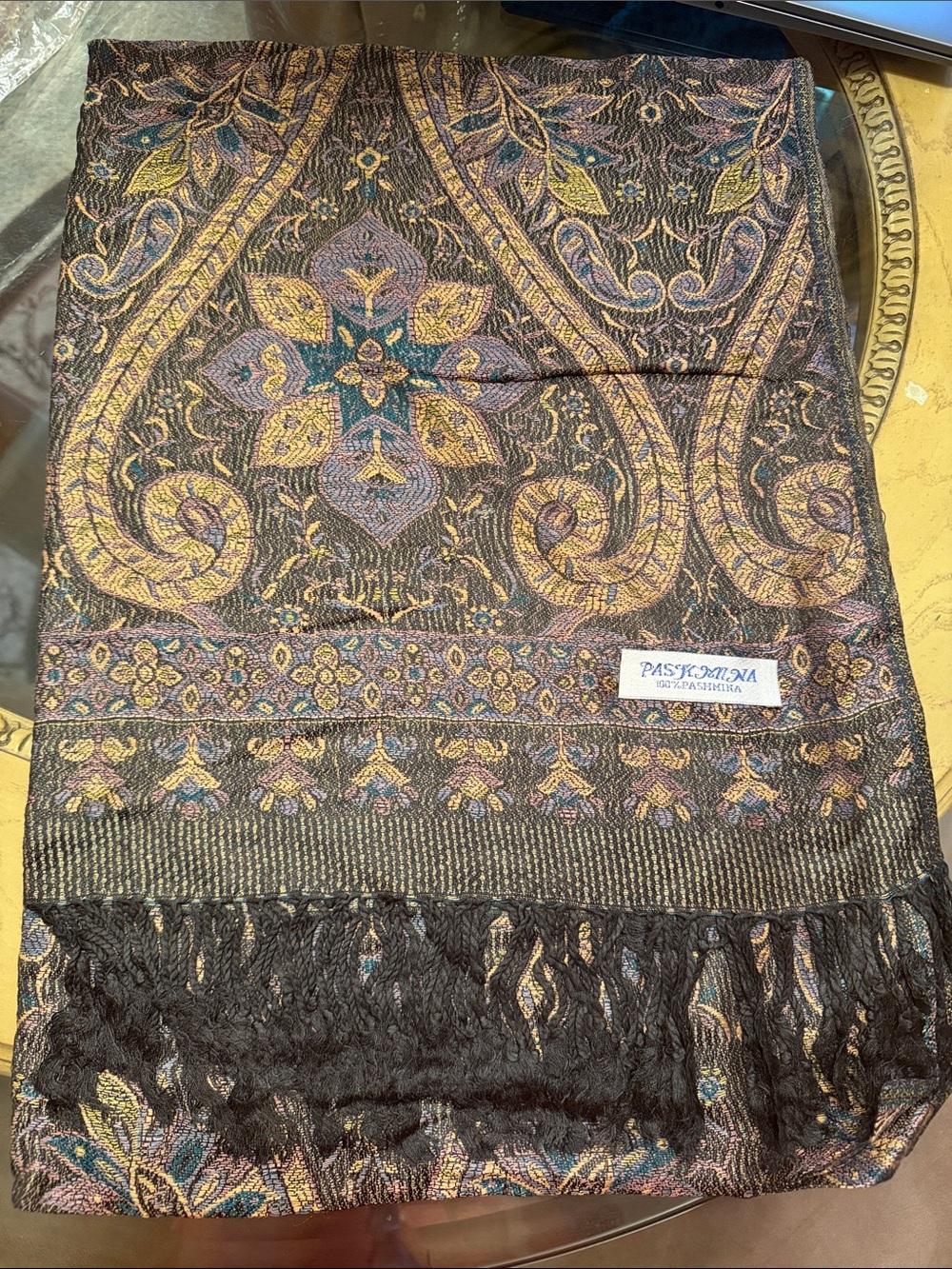 pashmina Black Paisley Jacquard Scarf with Gold & Teal Accents. Double sided.